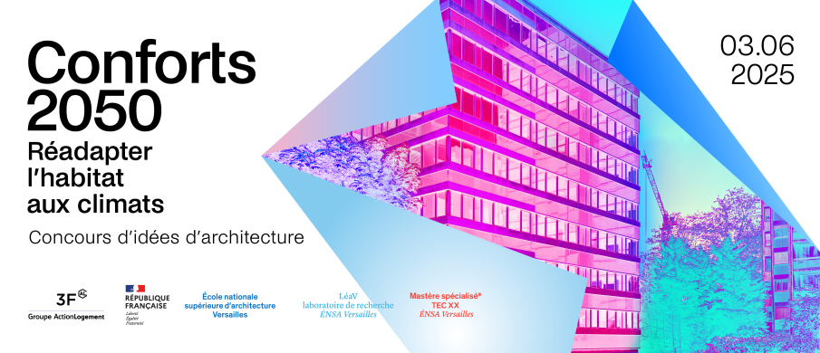 Affiche du concours Conforts 2050. A droite un visuel représente un bâtiment bleu et rose sur un papier plié comme un origami.
