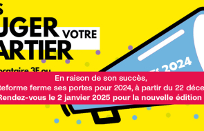 Affiche "Faites bouger votre quartier 2024" avec bandeau : En raison de son succès, la plateforme ferme ses portes pour 2024, à partir du 11 décembre. Rendez-vous le 2 janvier 2025 pour la nouvelle édition !